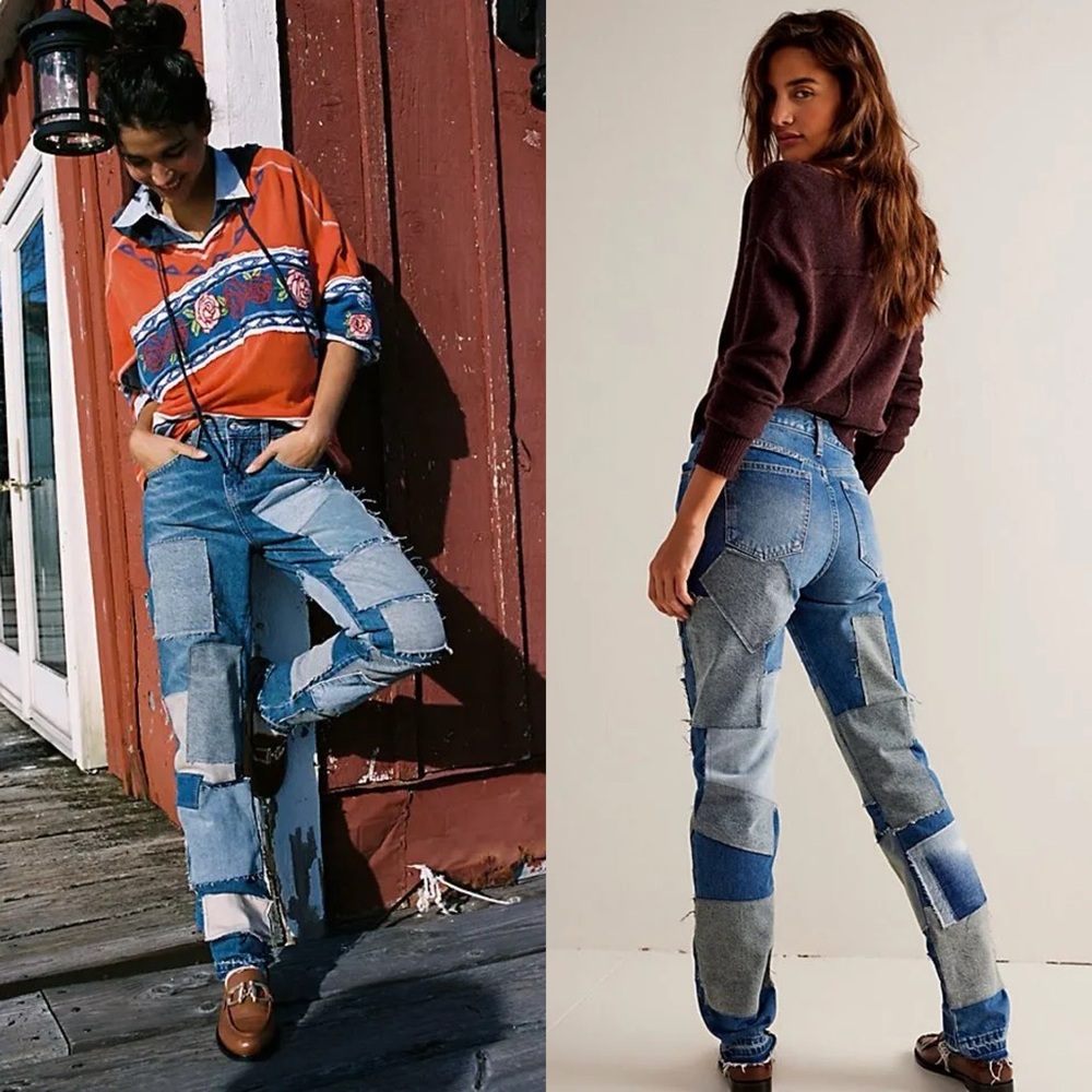 NWT Free People Patchwork Boho Frayed Straight Leg Jeans